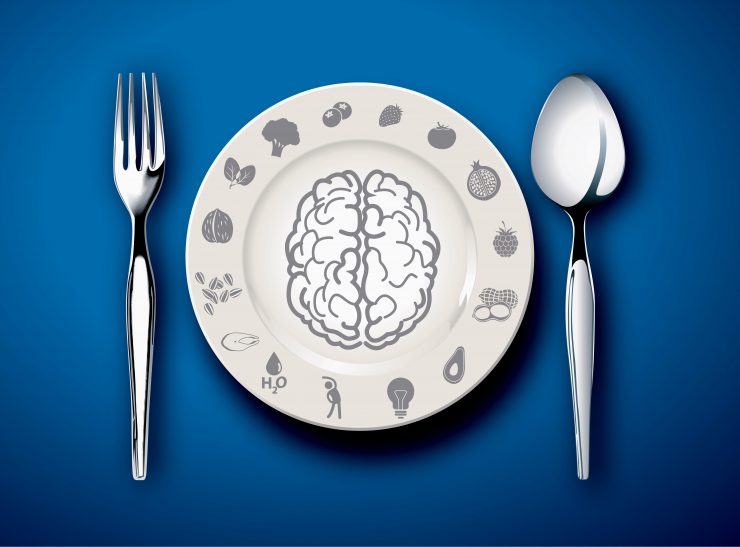 A plate with a picture of a brain on to represent linnk between brain and diet