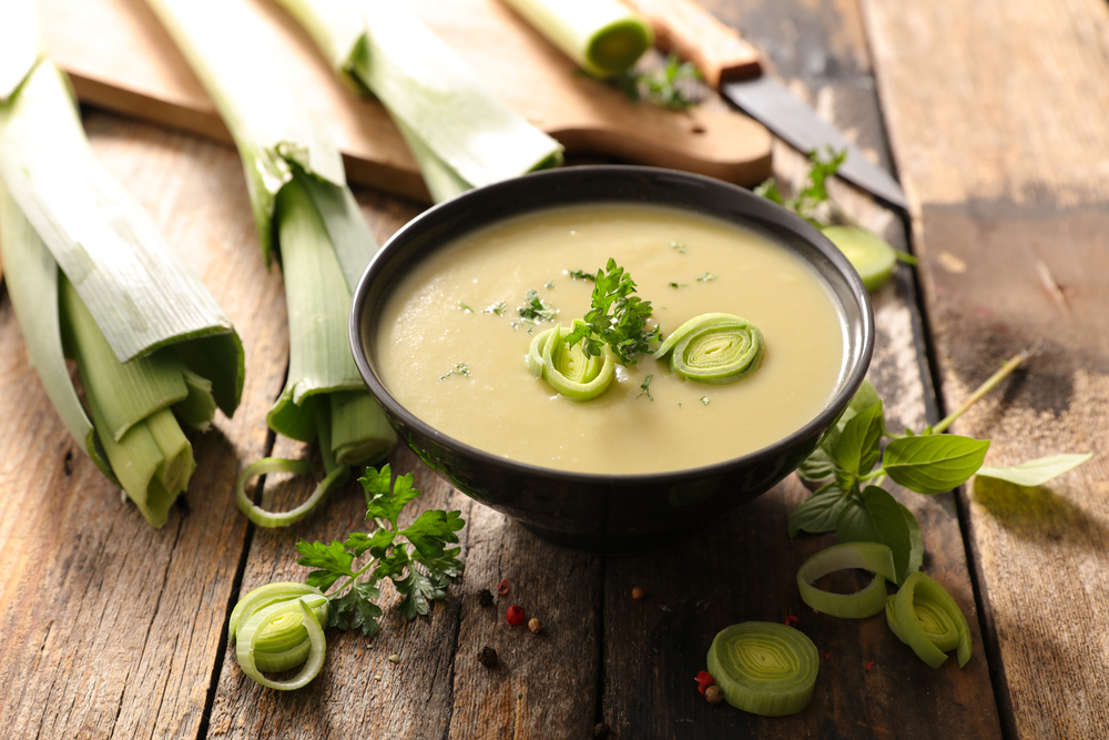 A bowl of leek and potato soup